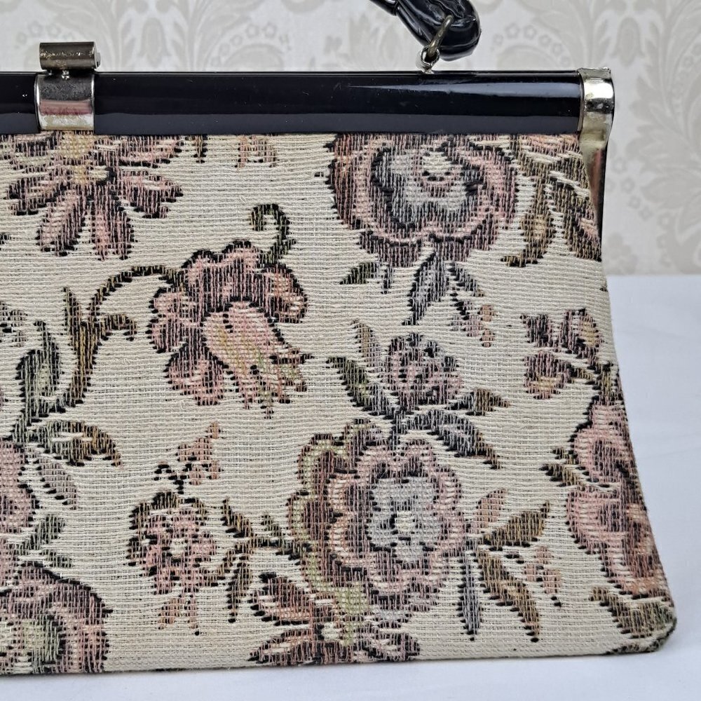 Dover 1950's Needlepoint Tapestry Frame Handbag Patent Top Handle Top Clasp Vtg - Picture 3 of 14
